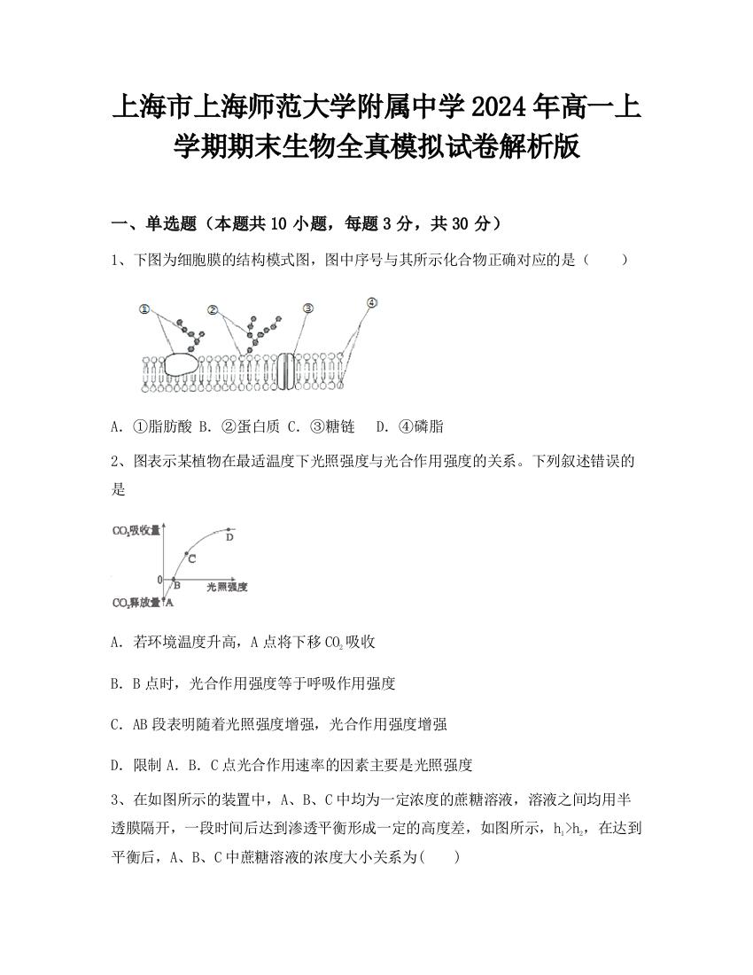 上海市上海师范大学附属中学2024年高一上学期期末生物全真模拟试卷解析版