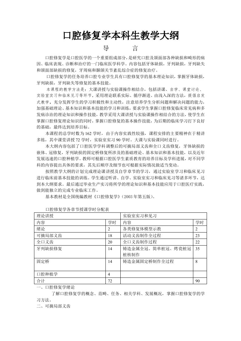 口腔内科学本科生教学大纲