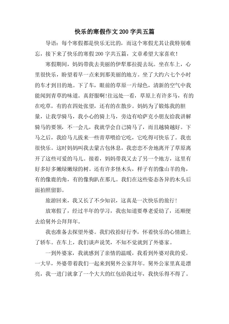 快乐的寒假作文200字共五篇