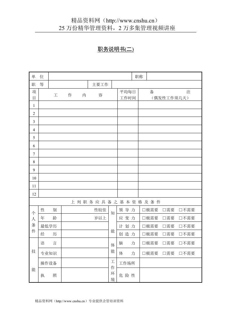 企业管理表格-职务说明书(二)