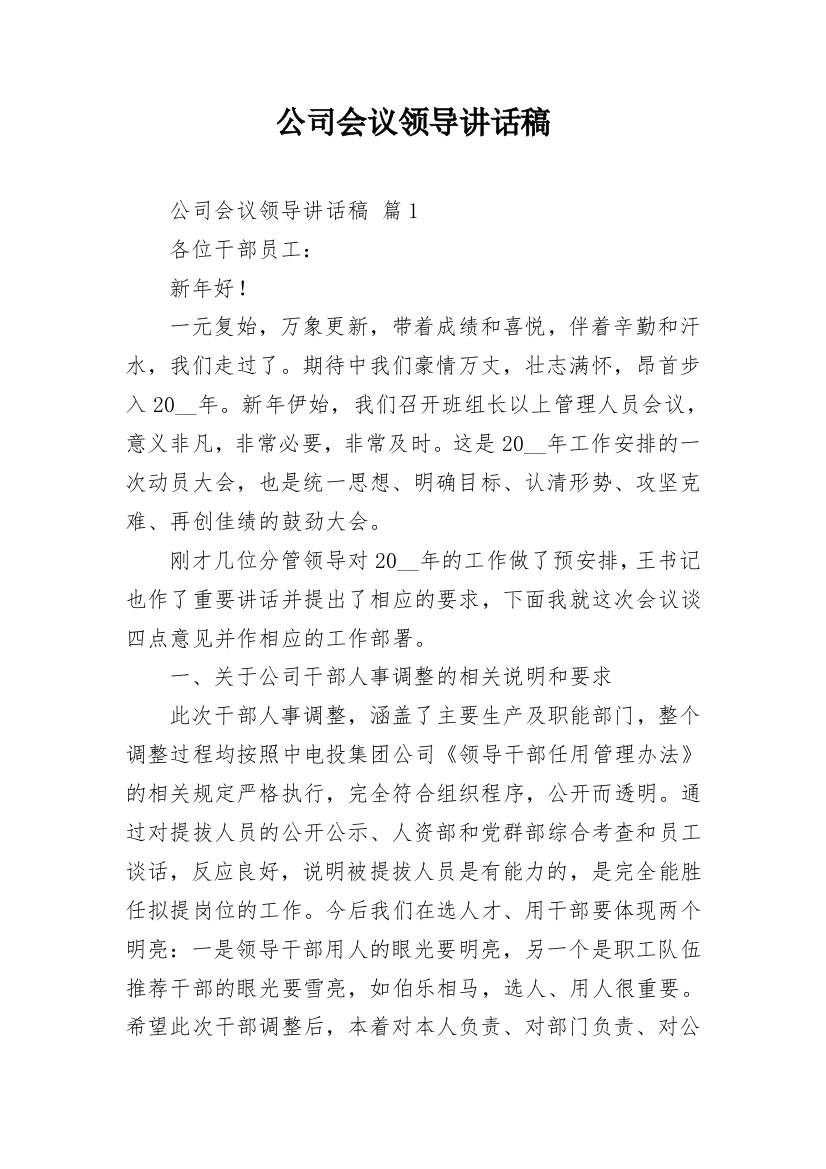 公司会议领导讲话稿