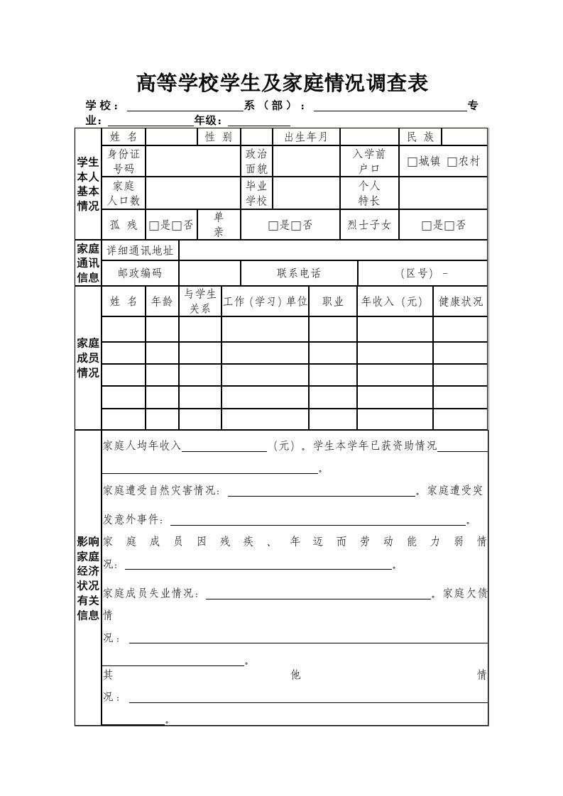 大学生助学贷款家庭贫困生认定表格