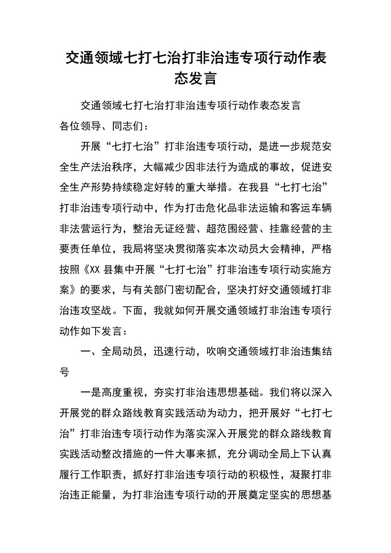 交通领域七打七治打非治违专项行动作表态发言