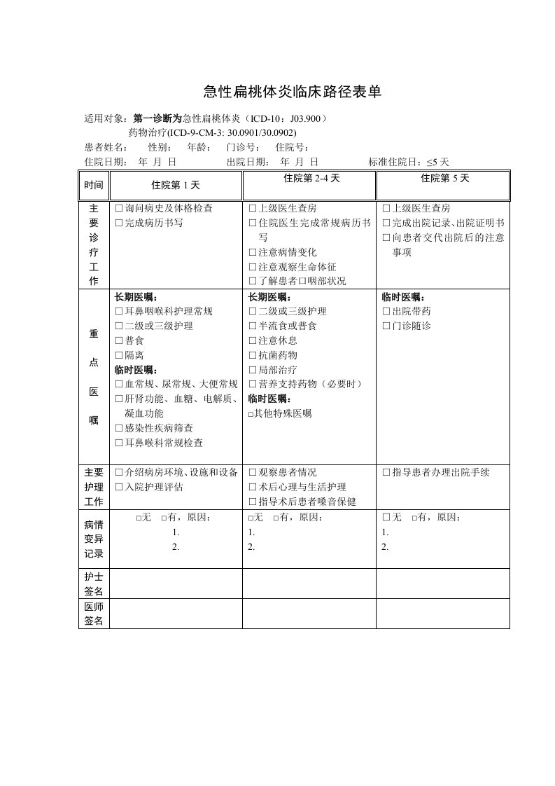 急性扁桃体炎临床路径表单