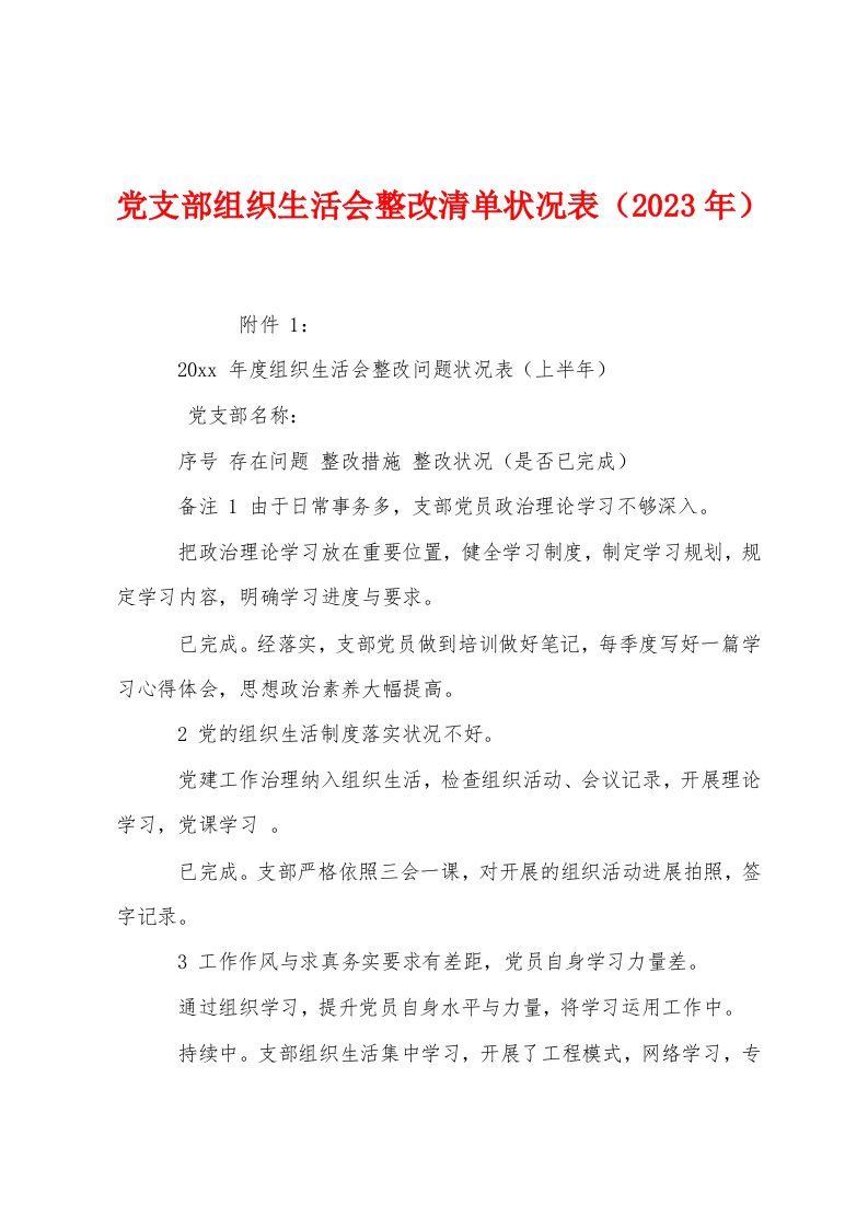 党支部组织生活会整改清单状况表（2023年）