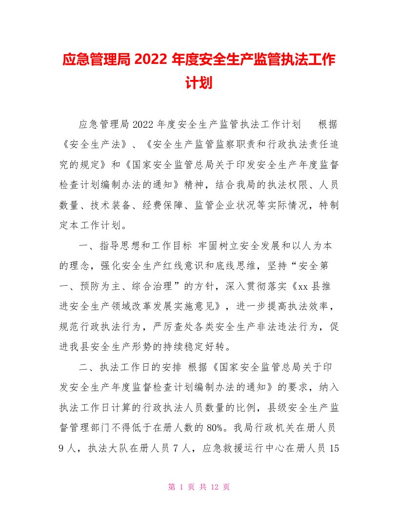 应急管理局2022年度安全生产监管执法工作计划