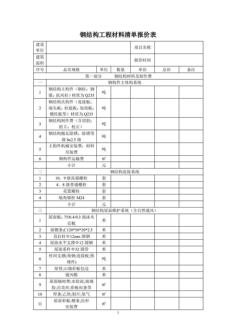 钢结构工程材料清单报价表