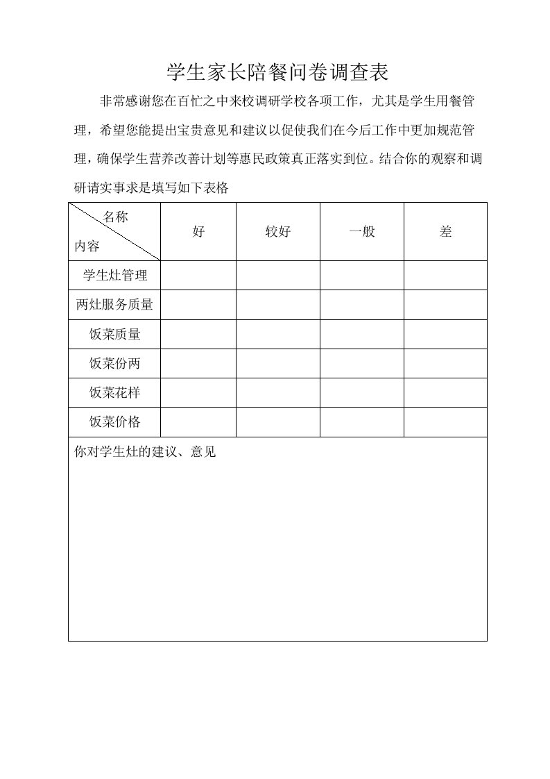 学生家长陪餐问卷调查表