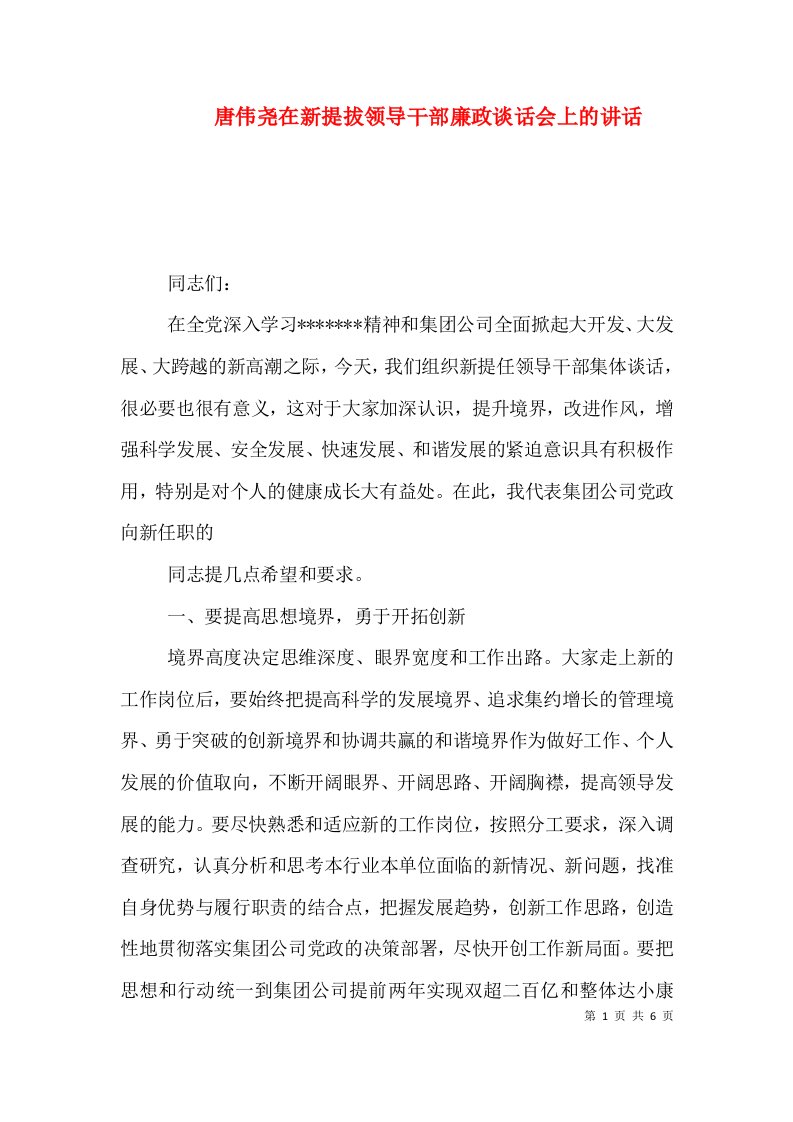 唐伟尧在新提拔领导干部廉政谈话会上的讲话