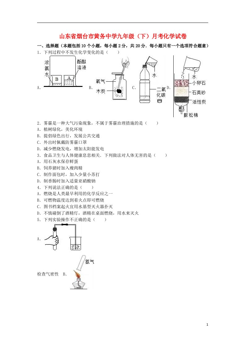 山东省烟台市黄务中学九级化学下学期3月月考试题（含解析）