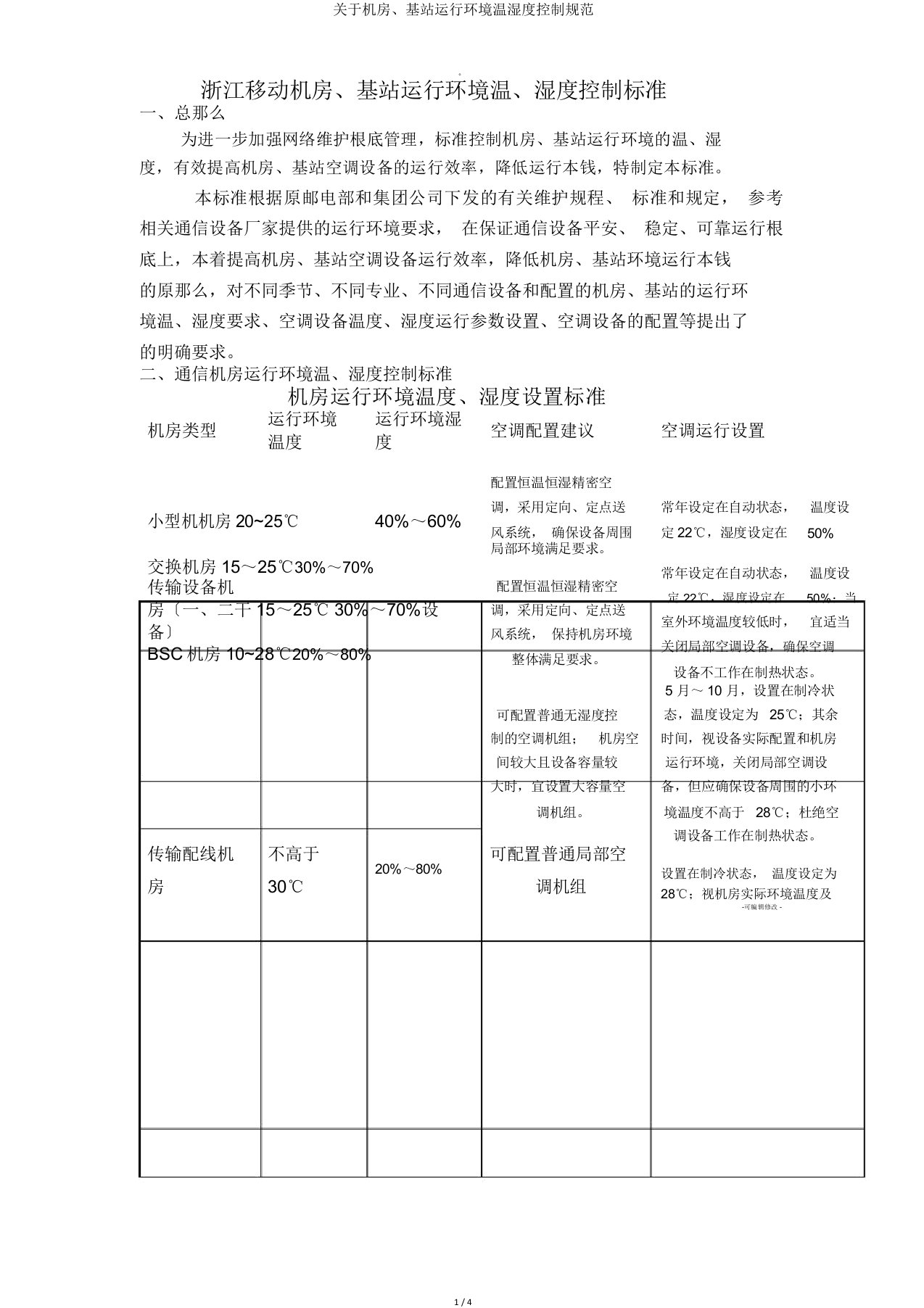 关于机房、基站运行环境温湿度控制规范