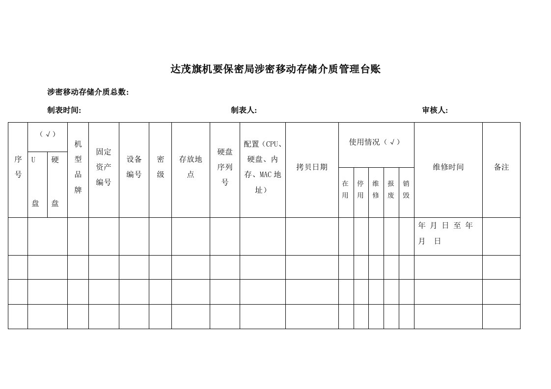 涉密移动存储介质管理台账