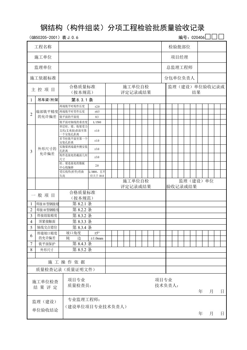 钢结构（构件组装）分项工程检验批质量验收记录