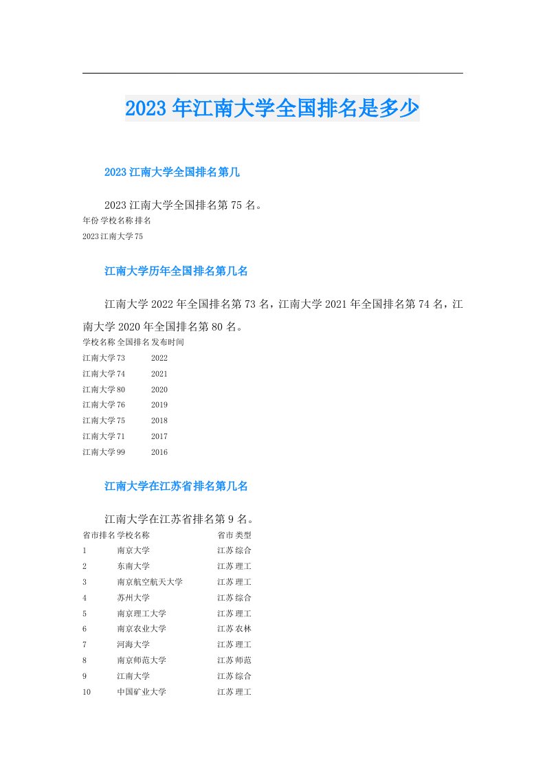 江南大学全国排名是多少