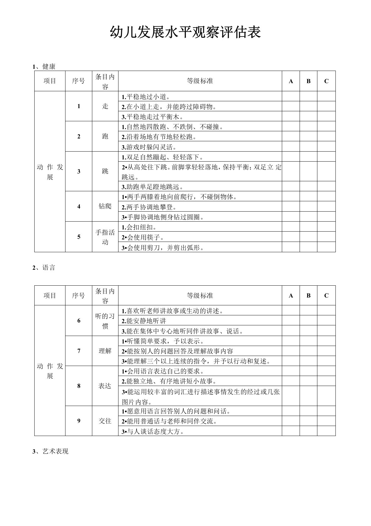 幼儿发展水平观察评估表