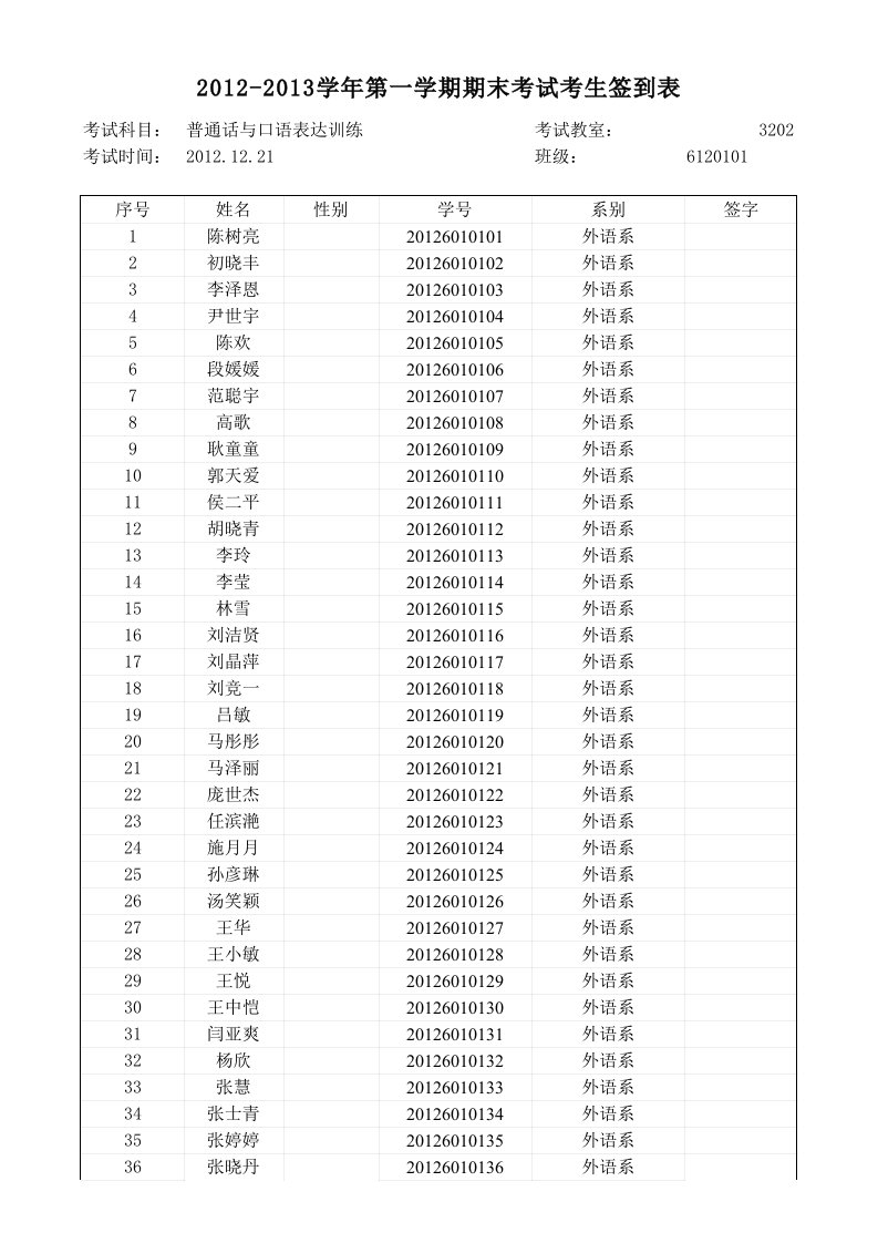 考生签到表(模版)