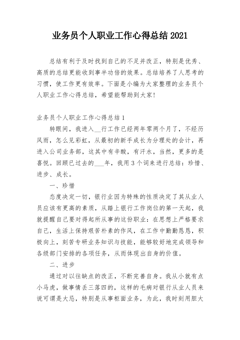 业务员个人职业工作心得总结2021