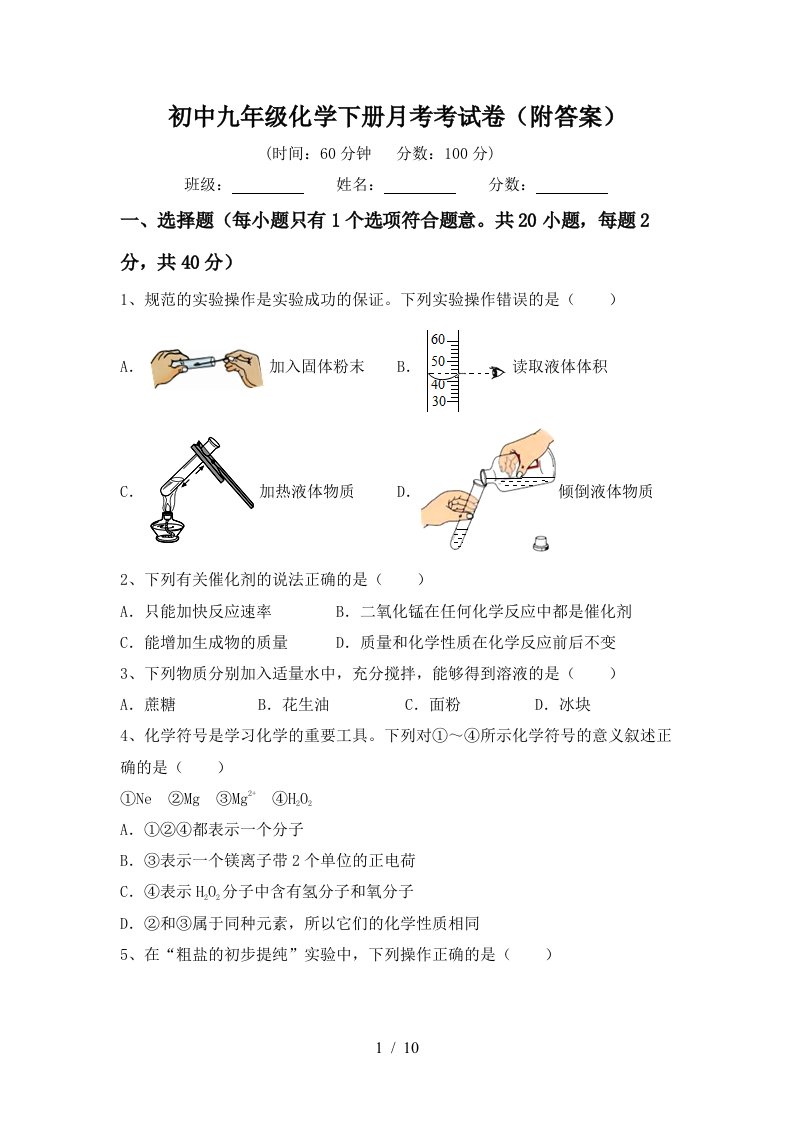 初中九年级化学下册月考考试卷附答案