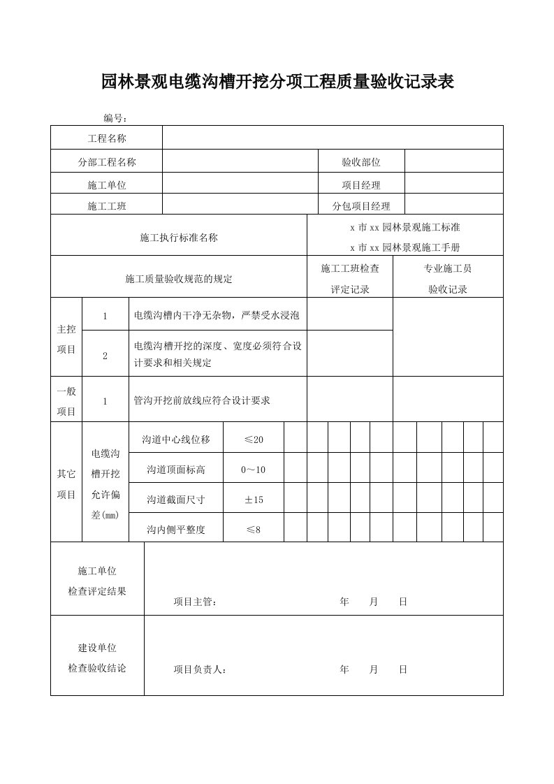 园林景观电缆沟槽开挖分项工程质量验收记录表