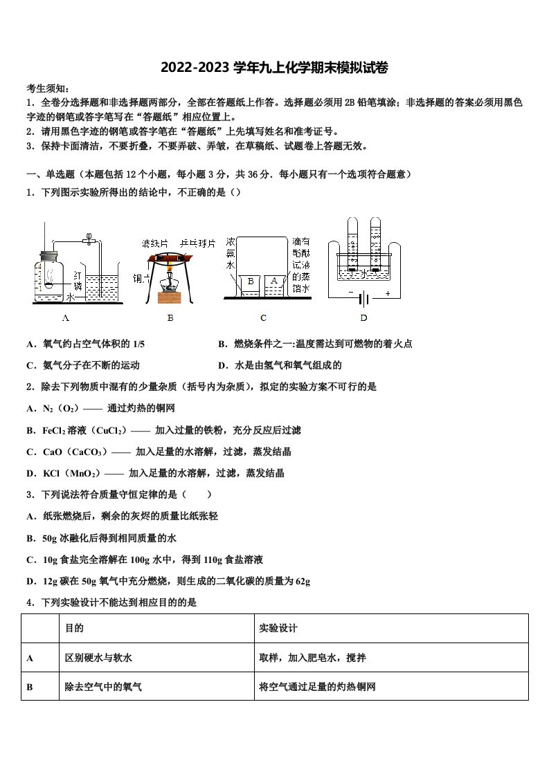 2022-2023学年河北省唐山市玉田县九年级化学第一学期期末检测模拟试题含解析