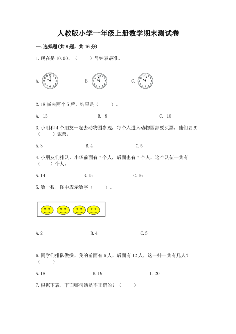 人教版小学一年级上册数学期末测试卷附完整答案(易错题)