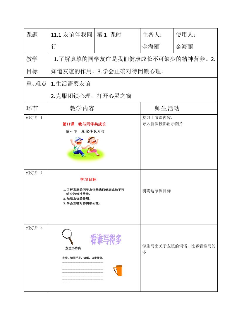 鲁人版道德与法治七年级下册第11课第1框《友谊伴我同行》1