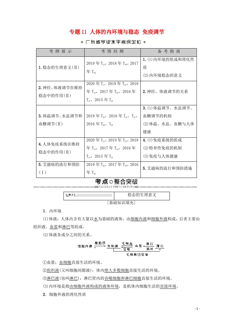 广东省2021高考生物总复习专题11人体的内环境与稳态免疫调节教案