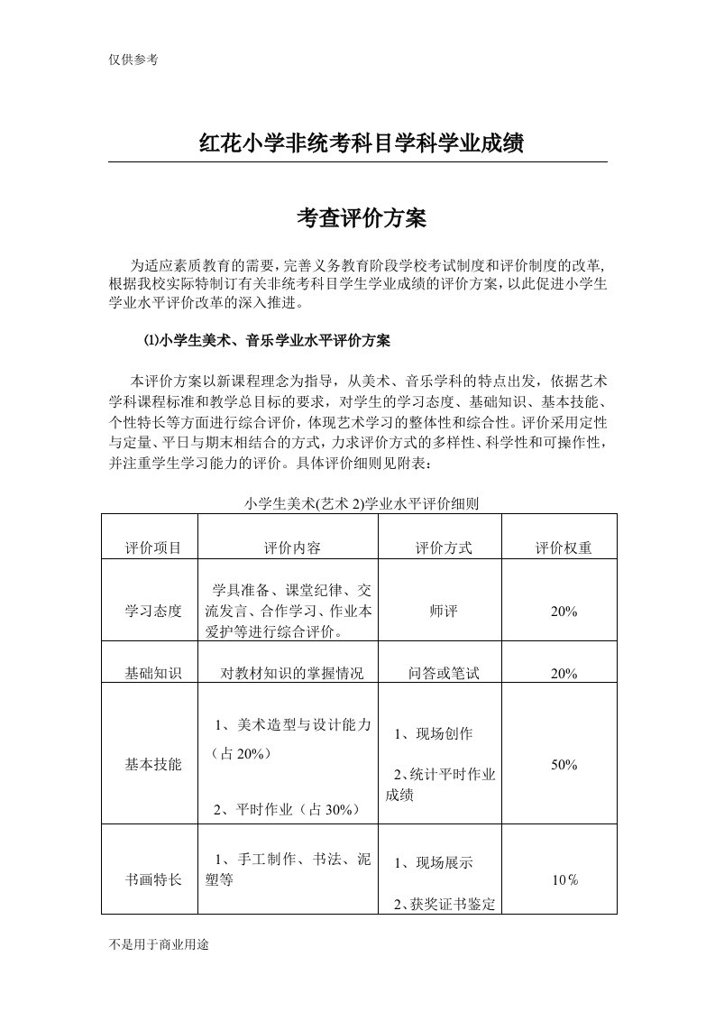 红花小学非统考科目学科学业成绩考查评价办法