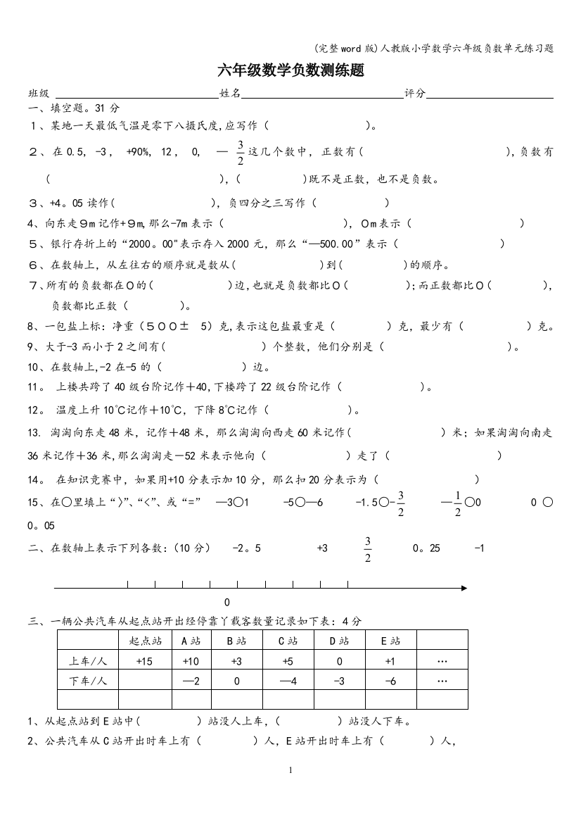 人教版小学数学六年级负数单元练习题