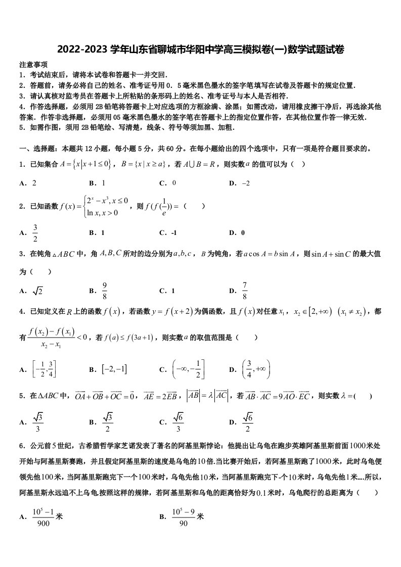 2022-2023学年山东省聊城市华阳中学高三模拟卷(一)数学试题试卷