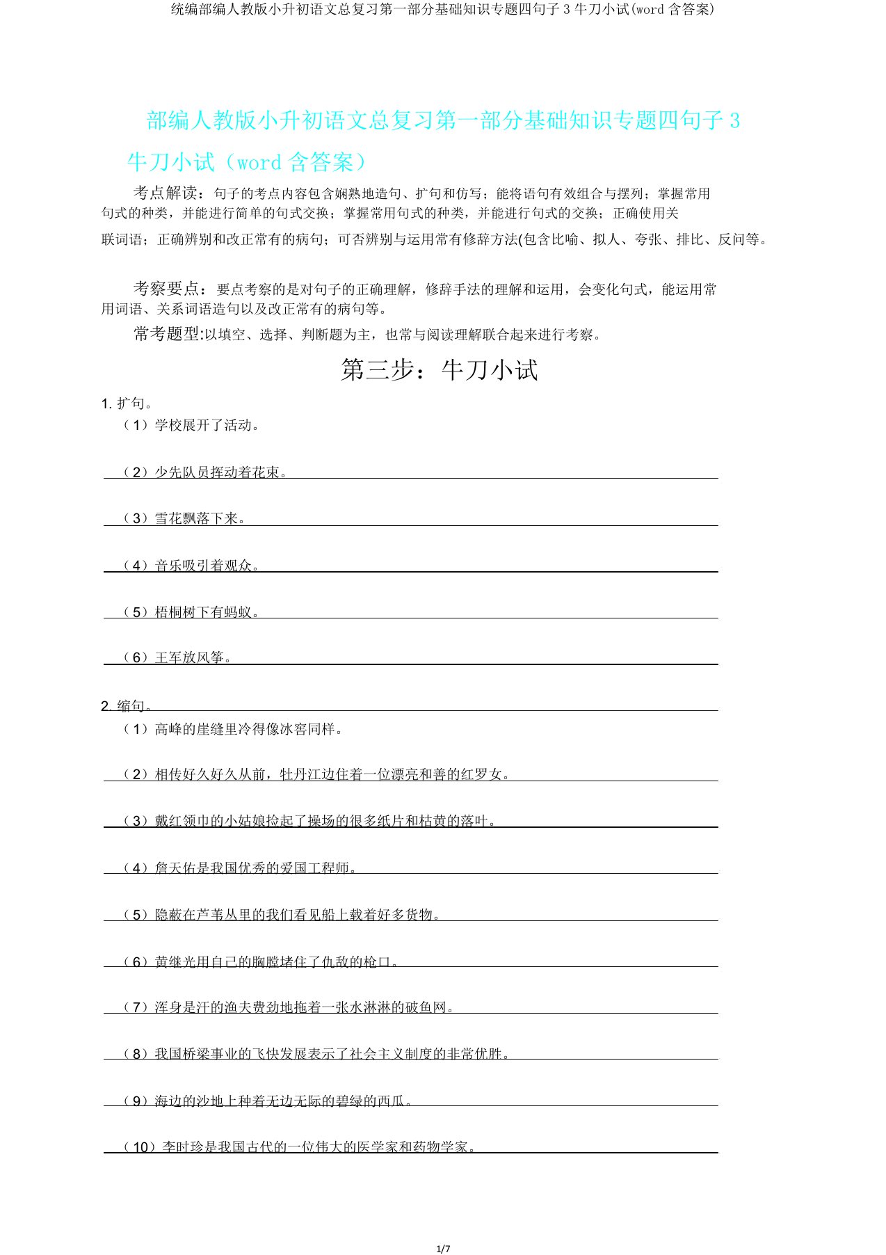 统编部编人教版小升初语文总复习第一部分基础知识专题四句子3牛刀小试