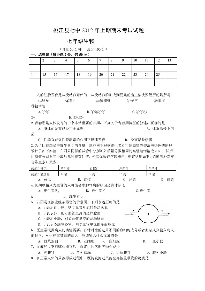 初中生物七年级上册测试题及答案