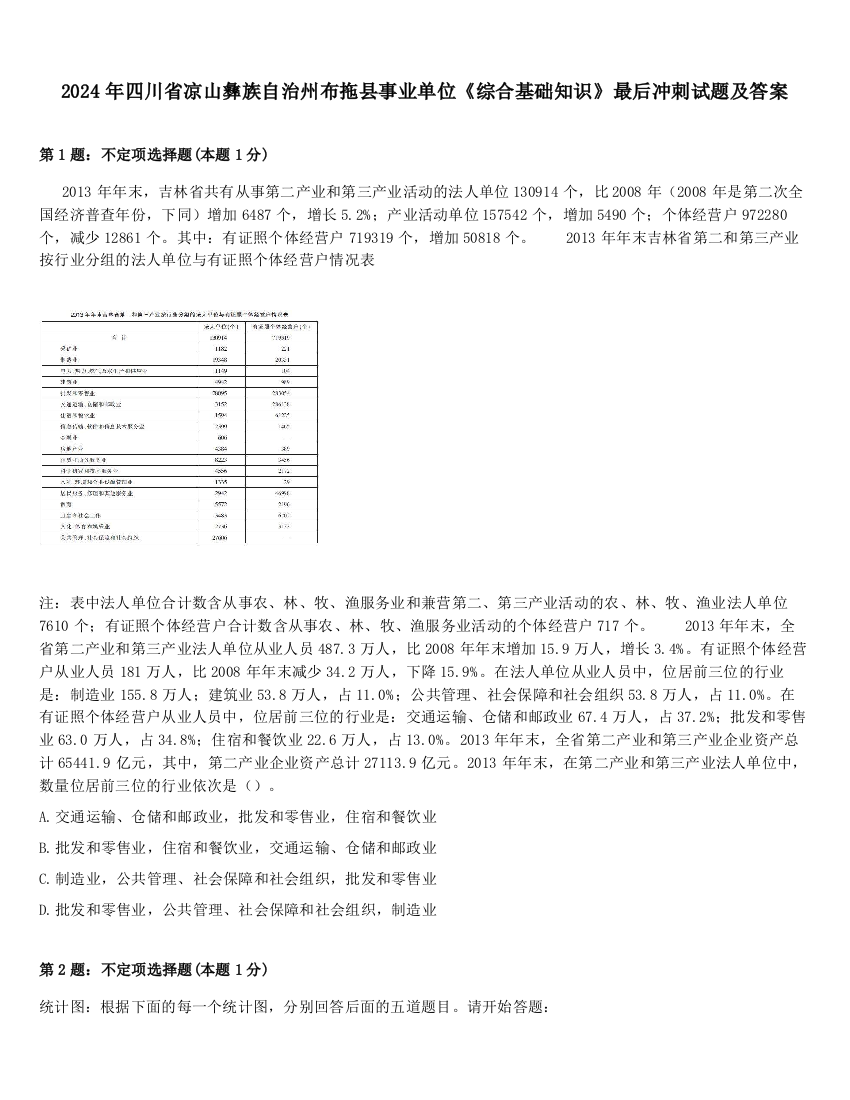 2024年四川省凉山彝族自治州布拖县事业单位《综合基础知识》最后冲刺试题及答案