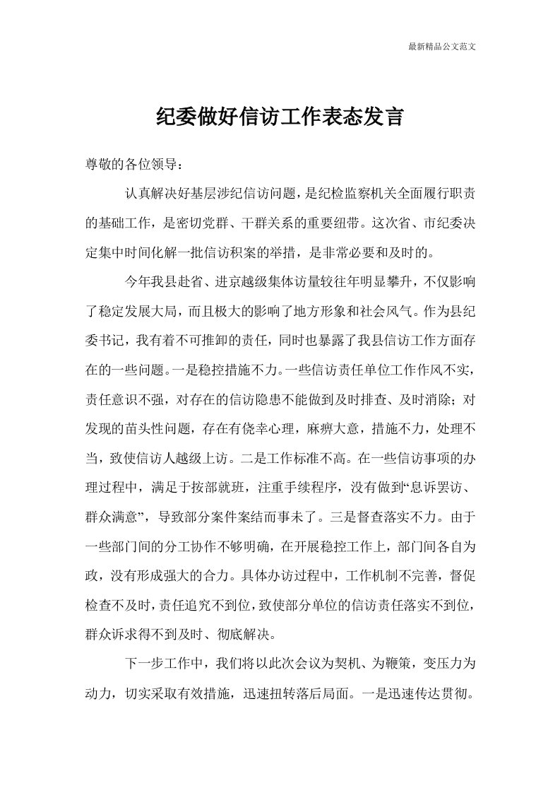 纪委做好信访工作表态发言