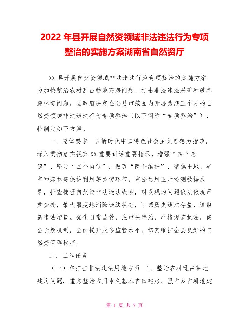 2022年县开展自然资源领域非法违法行为专项整治的实施方案湖南省自然资源厅