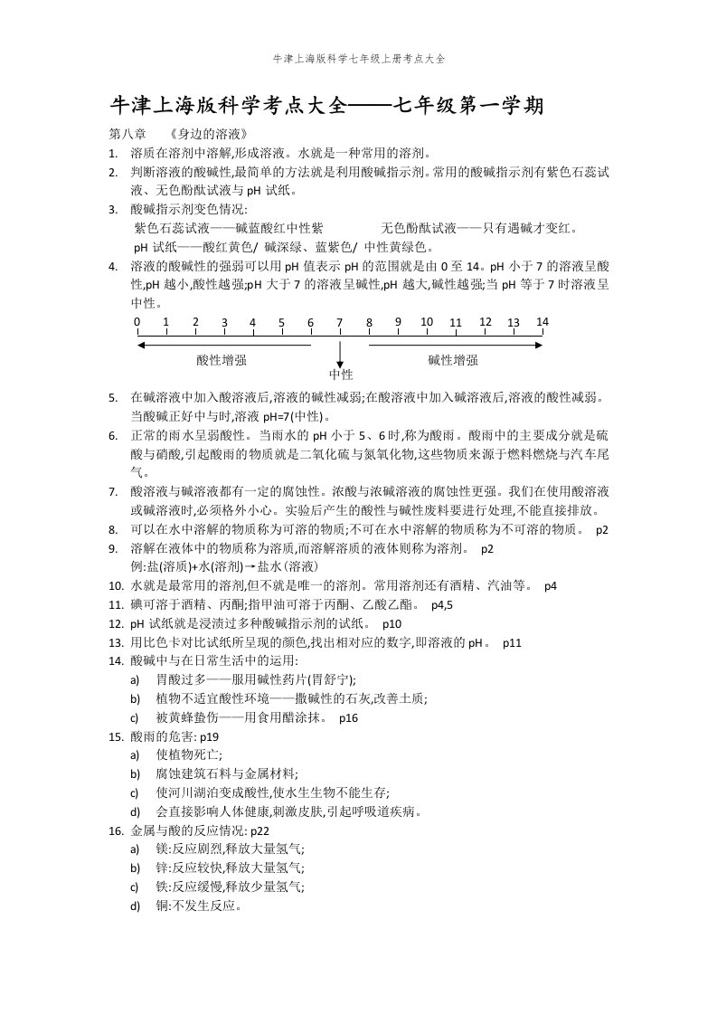 牛津上海版科学七年级上册考点大全