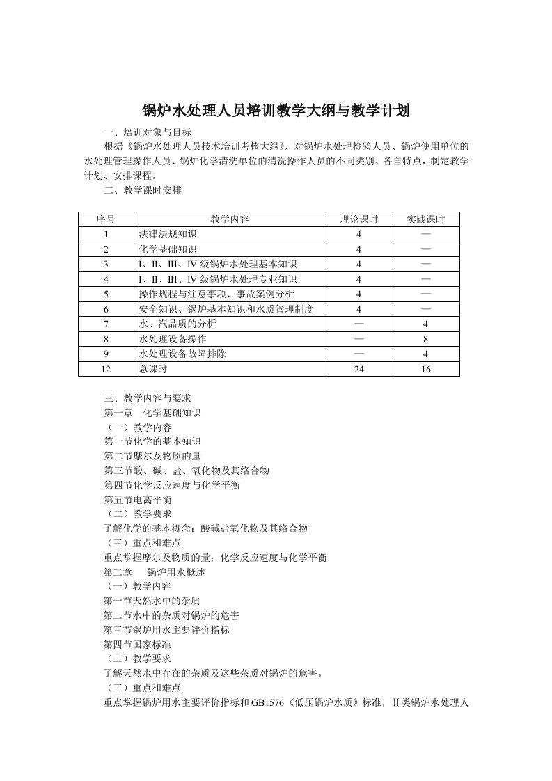 锅炉水处理人员培训教学大纲与教学计划