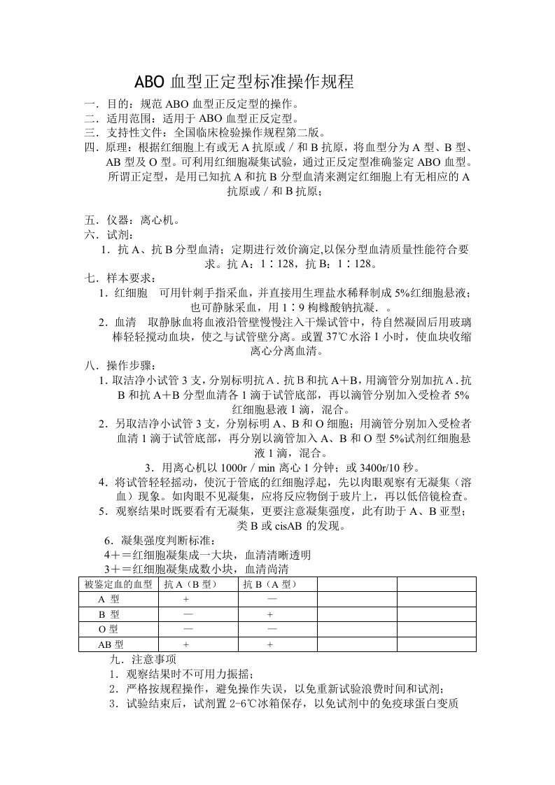 ABO血型正定型标准操作规程