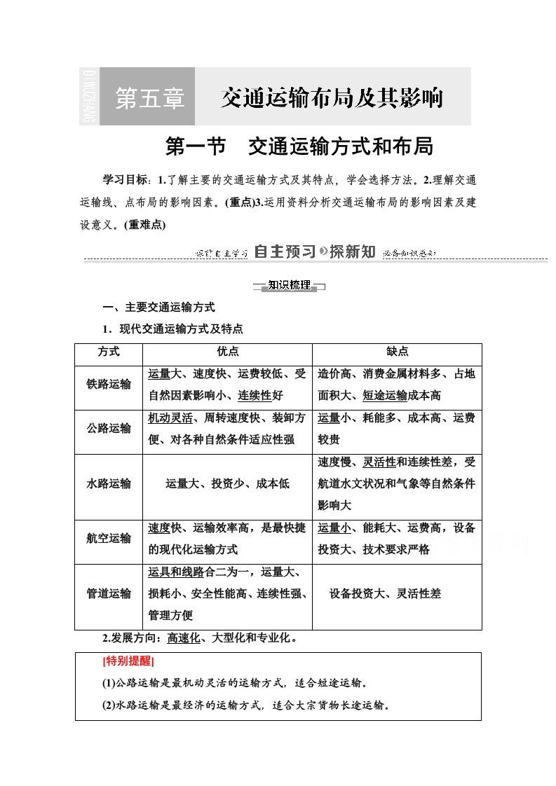 2020-2021学年人教版高中地理必修2学案-第5章-第1节-交通运输方式和布局-含解析