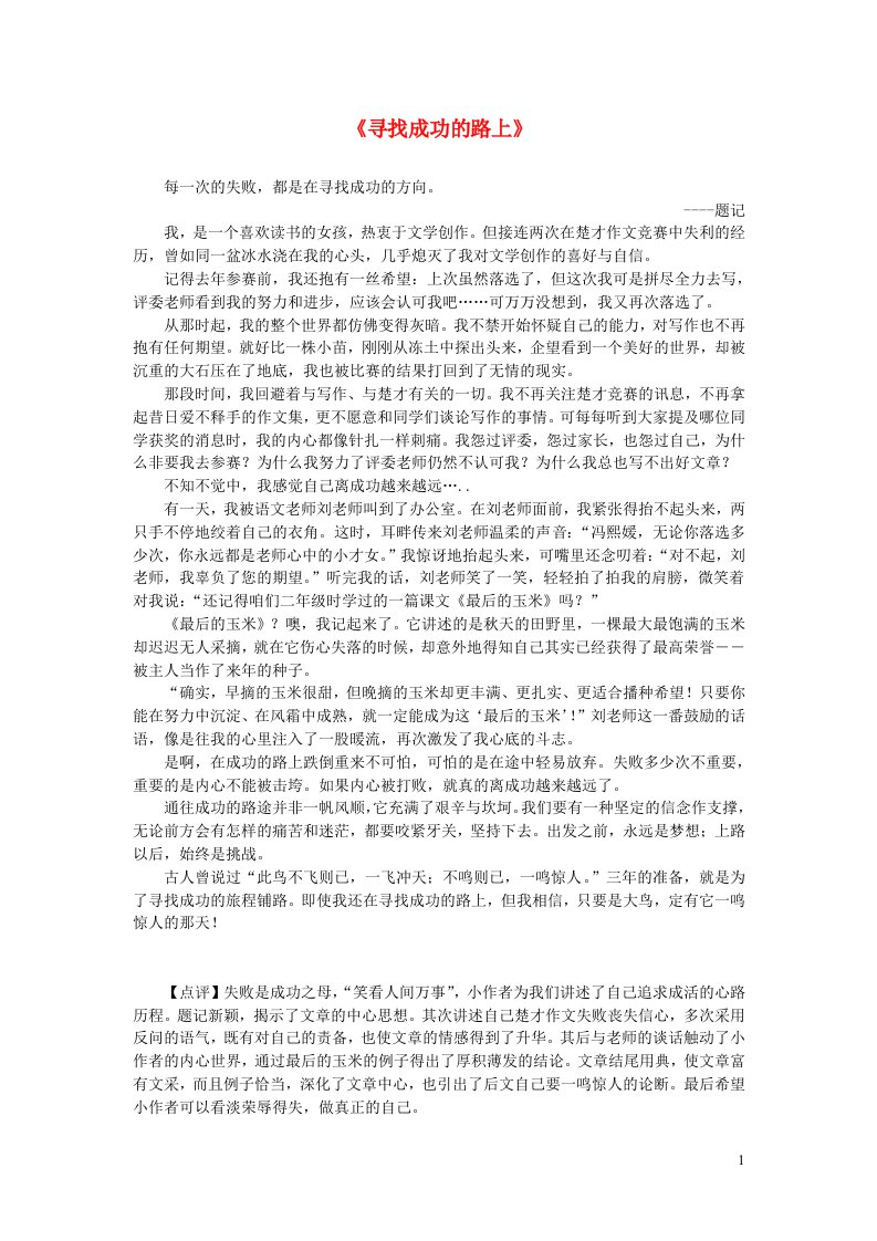 五年级语文楚才杯寻找成功的路上获奖作文