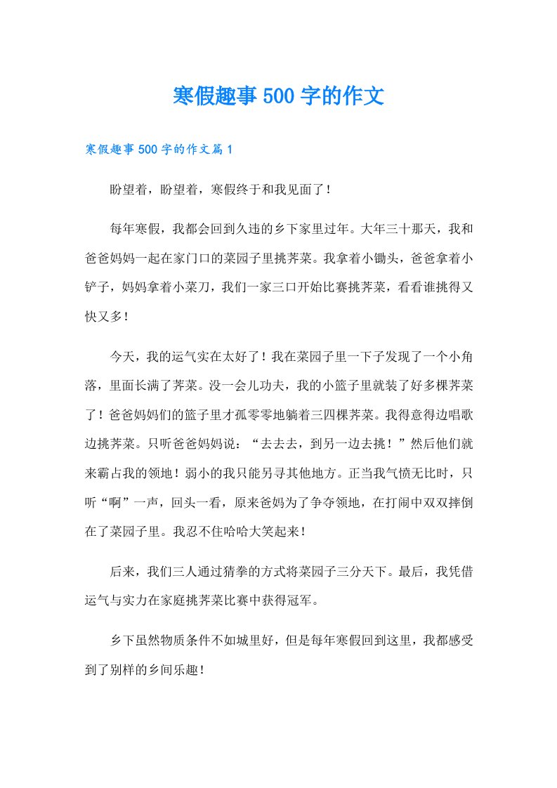 寒假趣事500字的作文