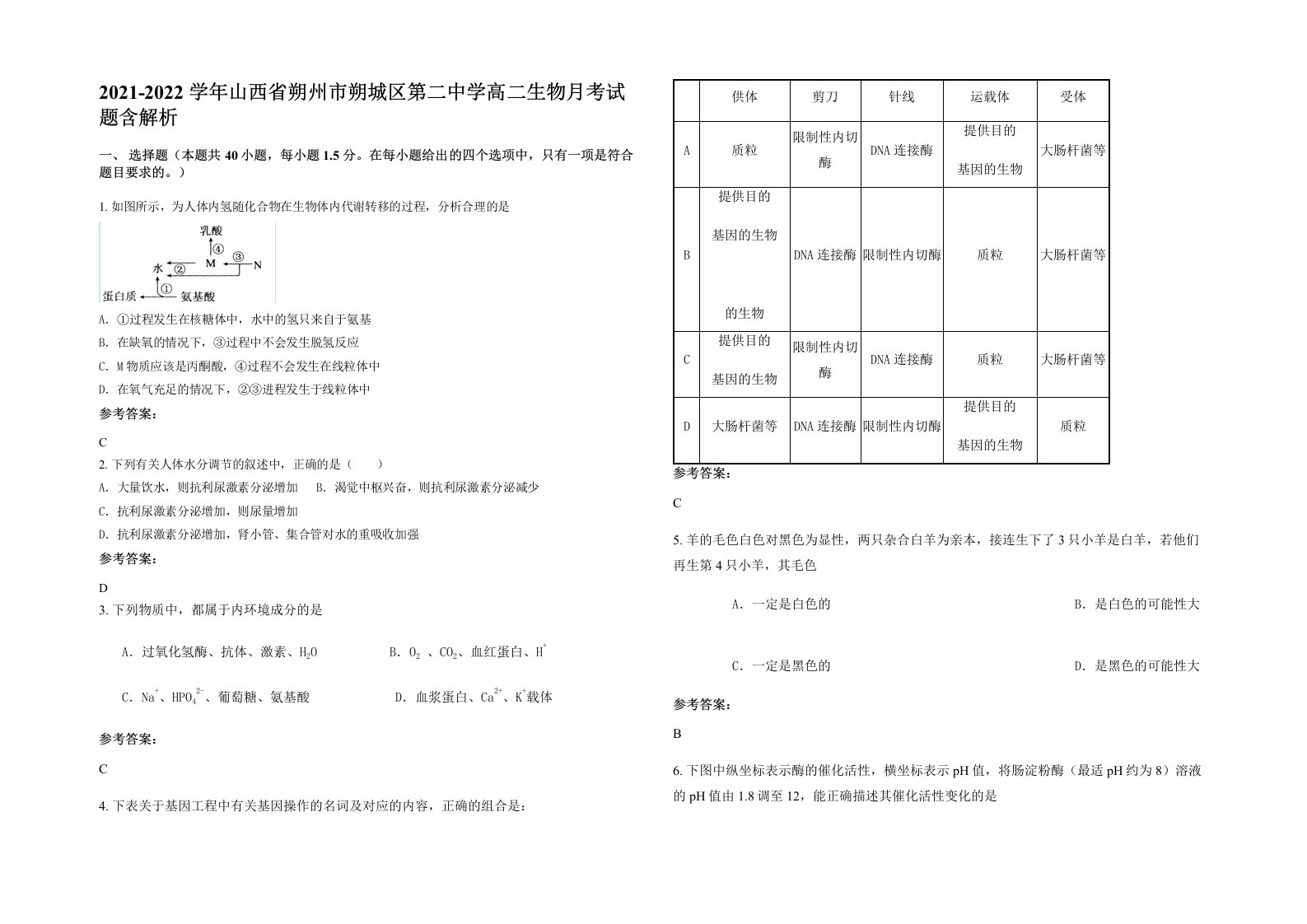 2021-2022学年山西省朔州市朔城区第二中学高二生物月考试题含解析