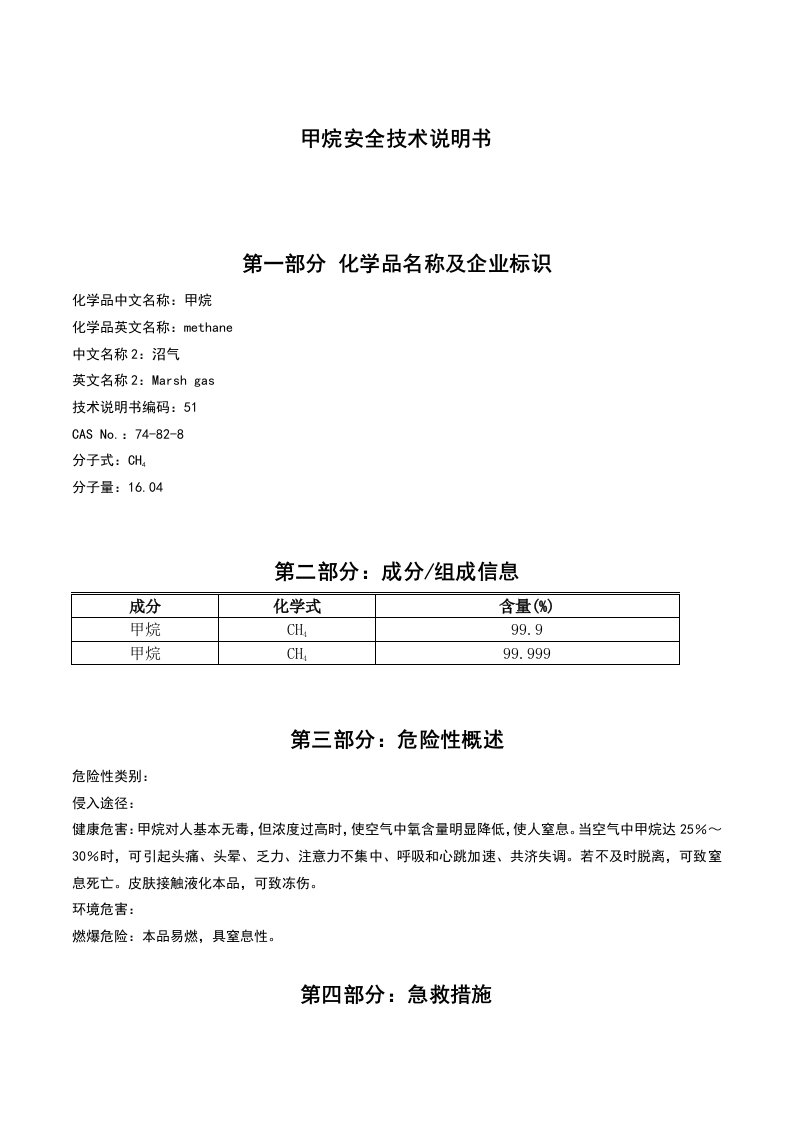 甲烷安全技术说明书MSDS