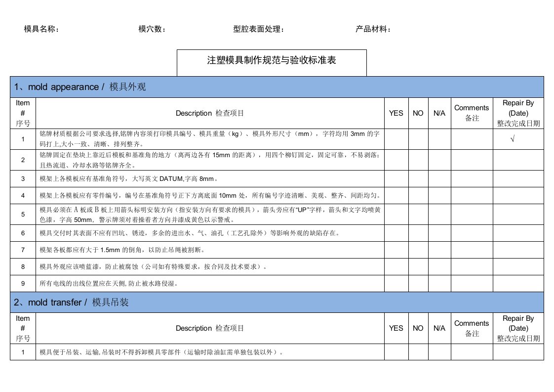 注塑模具设计制作规范与验收标准表