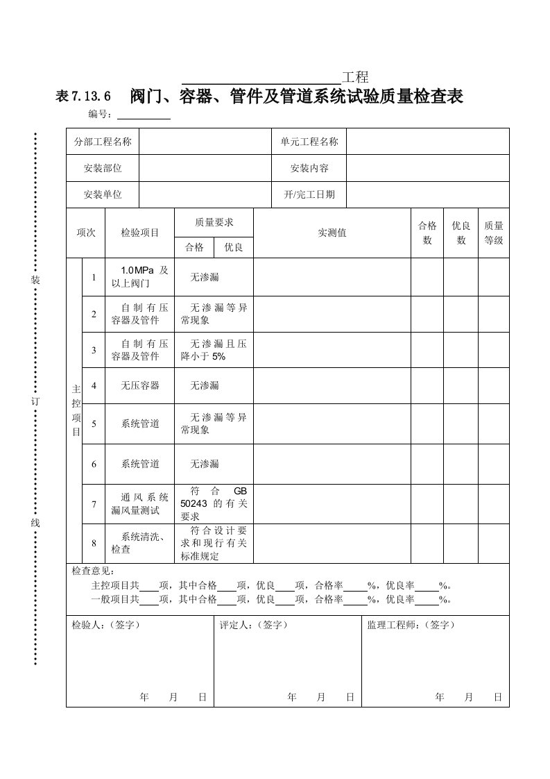 建筑资料-表7136阀门容器管件及管道系统试验质量检查表