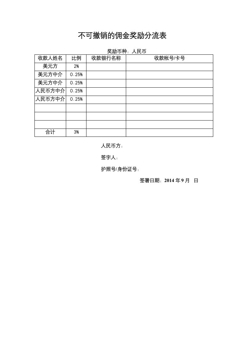 不可撤销佣金分流表