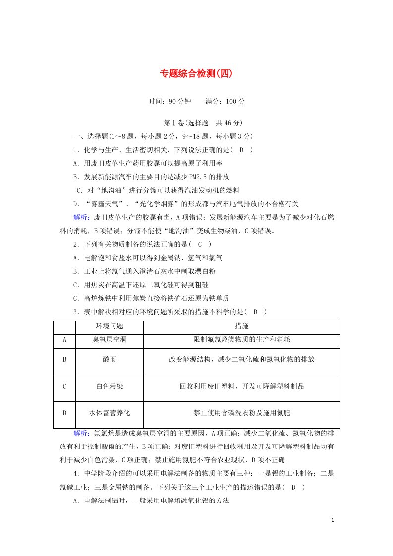 2020_2021学年高中化学专题四化学科学与人类文明专题综合检测含解析苏教版必修2