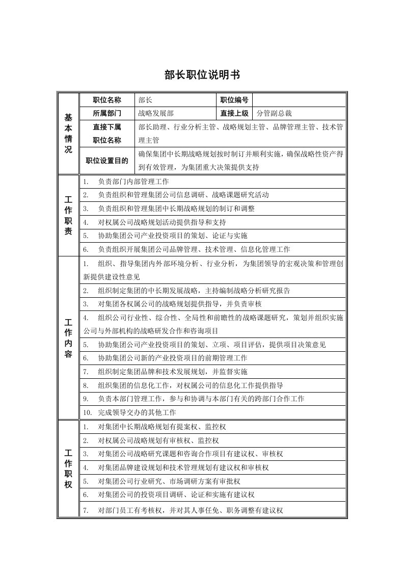 发展战略-1战略发展部部长职位说明书