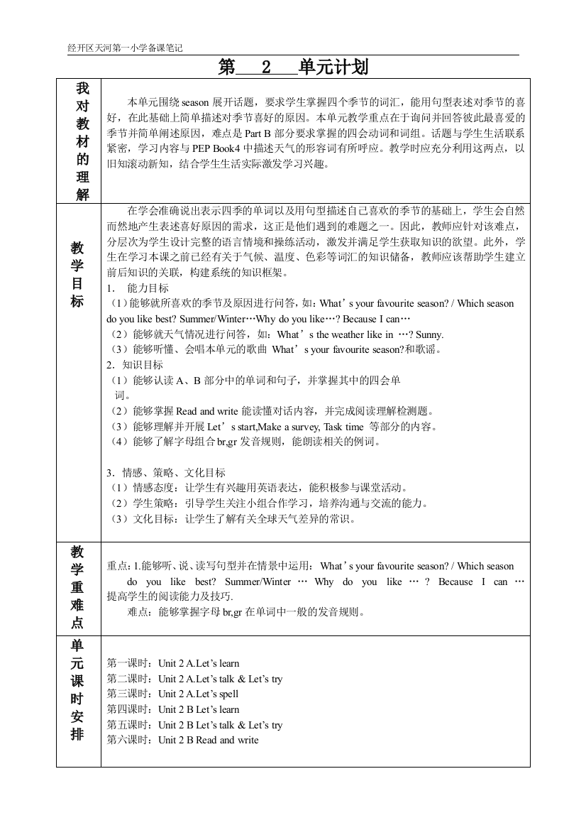 (完整版)新人教版五下Myfavouriteseason单元教学目标-一共六个单元全哦