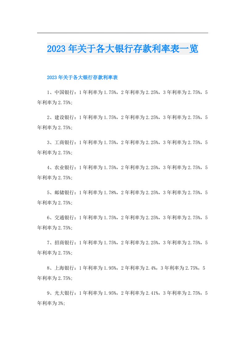 关于各大银行存款利率表一览